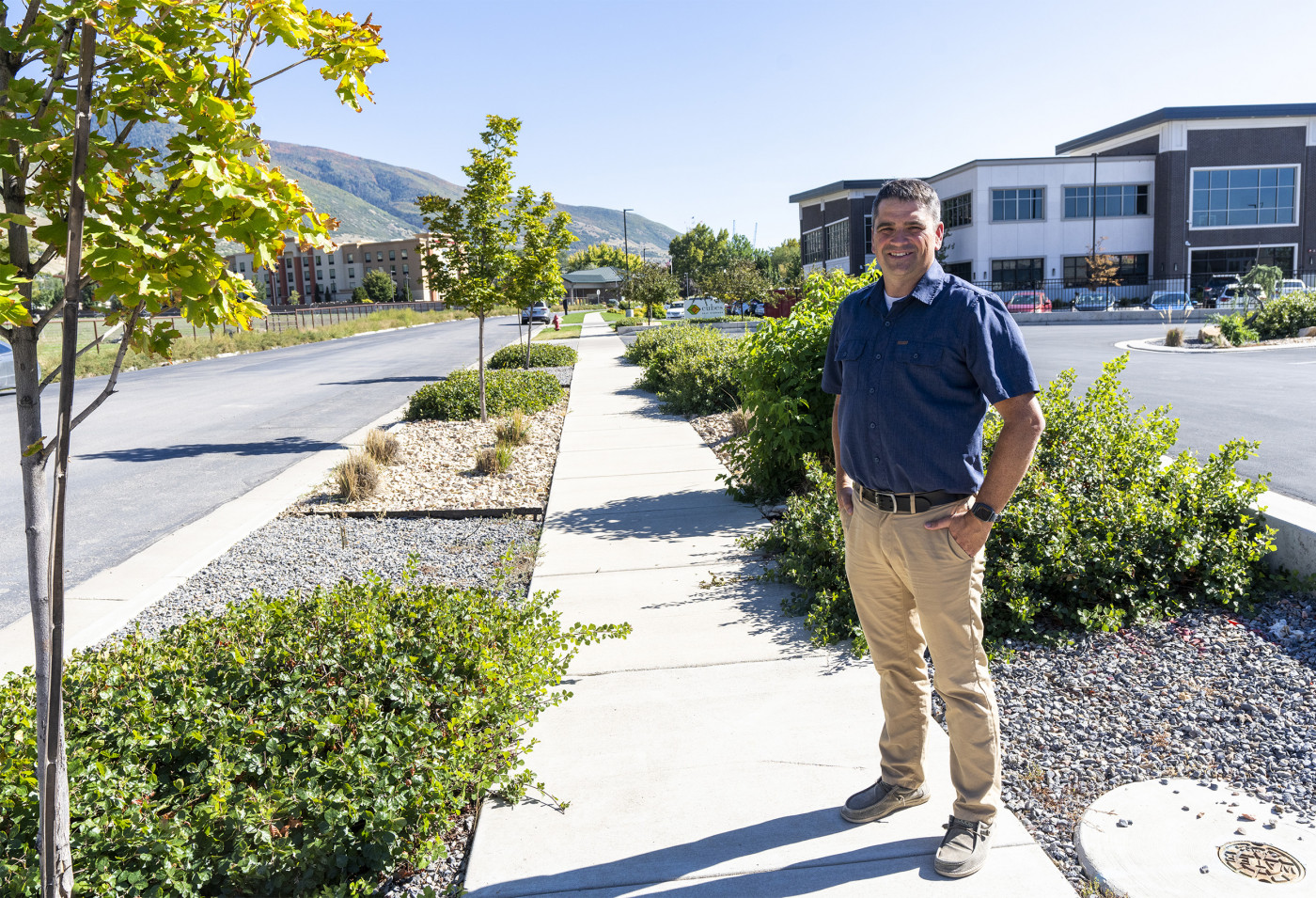 (Rick Egan | The Salt Lake Tribune) Jake Young, landscape architect designed this park strip in Farmington, on Monday, Sept. 25, 2023.